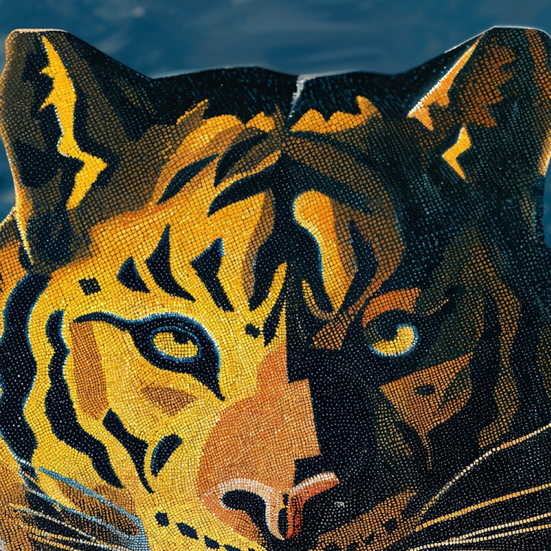 En Svensk Tigers tiger i guld och marinblå mosaik