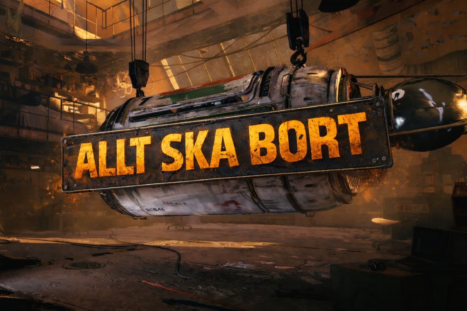 Kampanjbild med skylten Allt ska bort i ARC Raiders-miljö